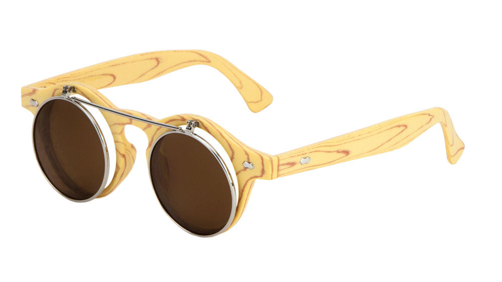 Retro Round Flip Lens Wood Pattern Sunglasses