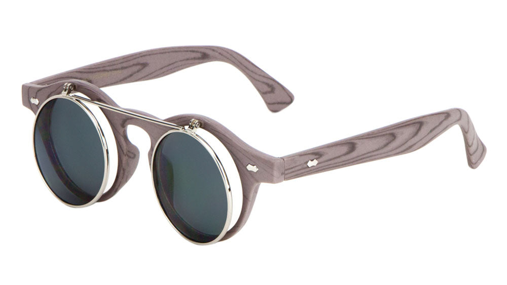 Retro Round Flip Lens Wood Pattern Sunglasses