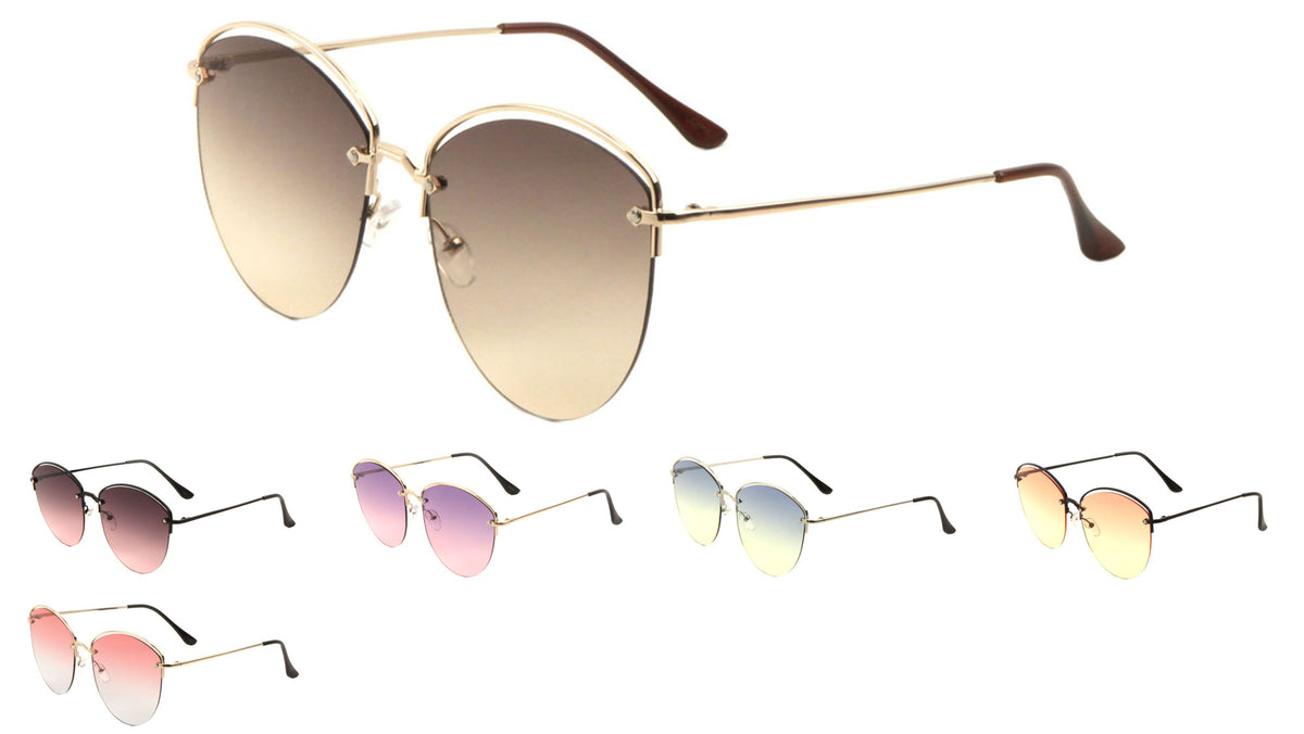 Rimless Oceanic Color Cat Eye Metal Top Accent Wholesale Bulk Sunglasses